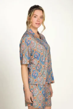 Flora Top Kurze Ärmeln Ornamento Blau