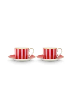 Set/2 Espresso Tasse & Untertasse Love Birds Streifen Rot-Rosa