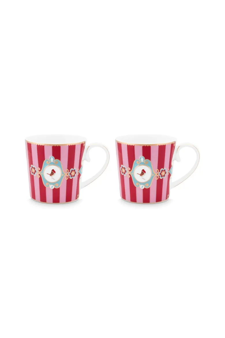 Set/2 Tassen Groß Love Birds Medallion Streifen Rot-Rosa