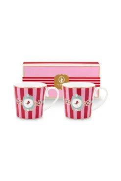 Set/2 Tassen Groß Love Birds Medallion Streifen Rot-Rosa