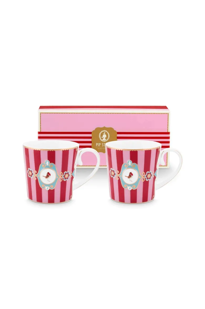 Set/2 Tassen Groß Love Birds Medallion Streifen Rot-Rosa
