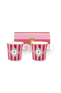 Set/2 Tassen Klein Love Birds Medallion Streifen Rot-Rosa