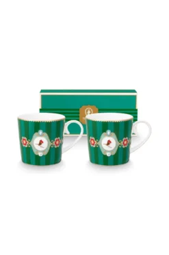 Set/2 Tassen Klein Love Birds Medallion Streifen Emerald-Grün