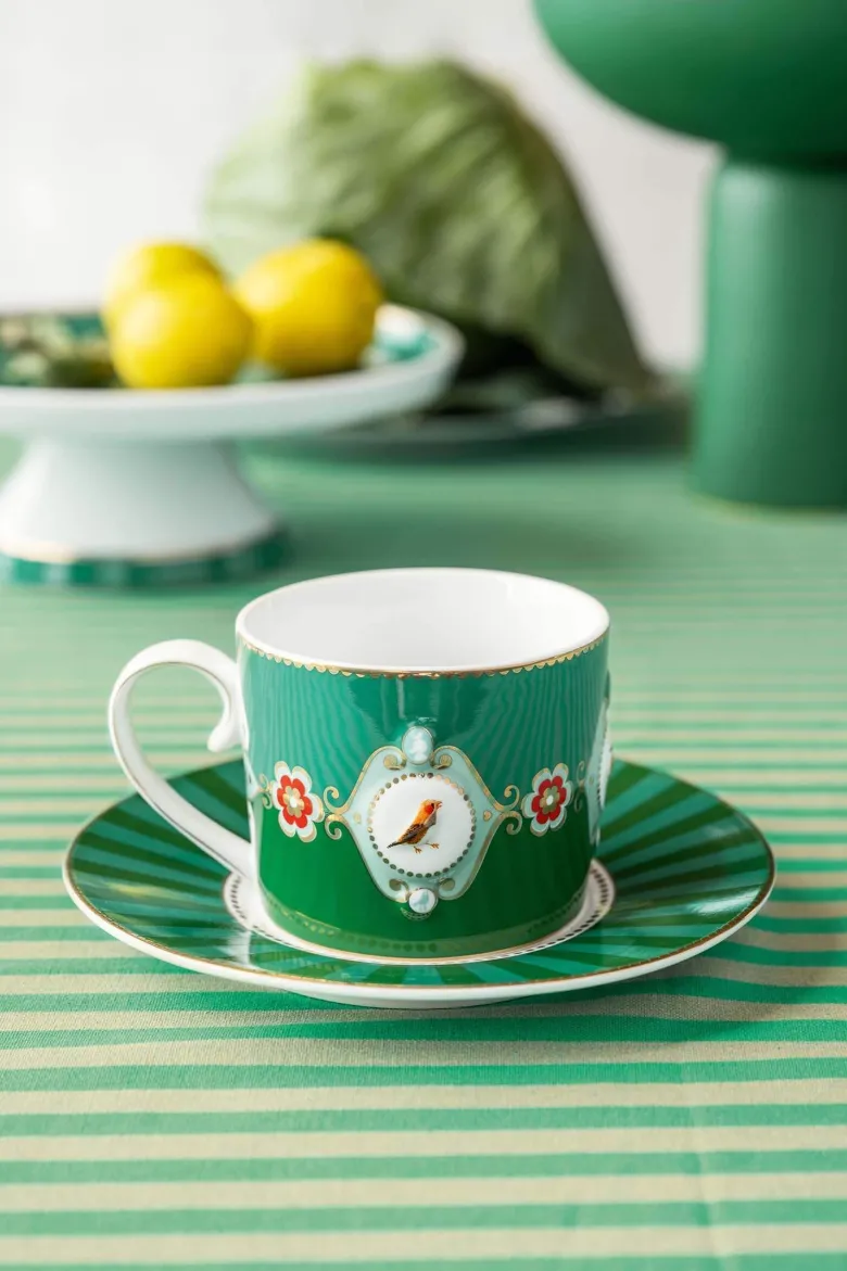 Set/2 Tasse & Untertasse Love Birds Medallion Emerald-Grün
